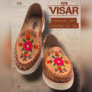 VISAR Artisan-Crafted Floral Genuine Tan Leather Women Shoe Sz 7 Braided Trim
